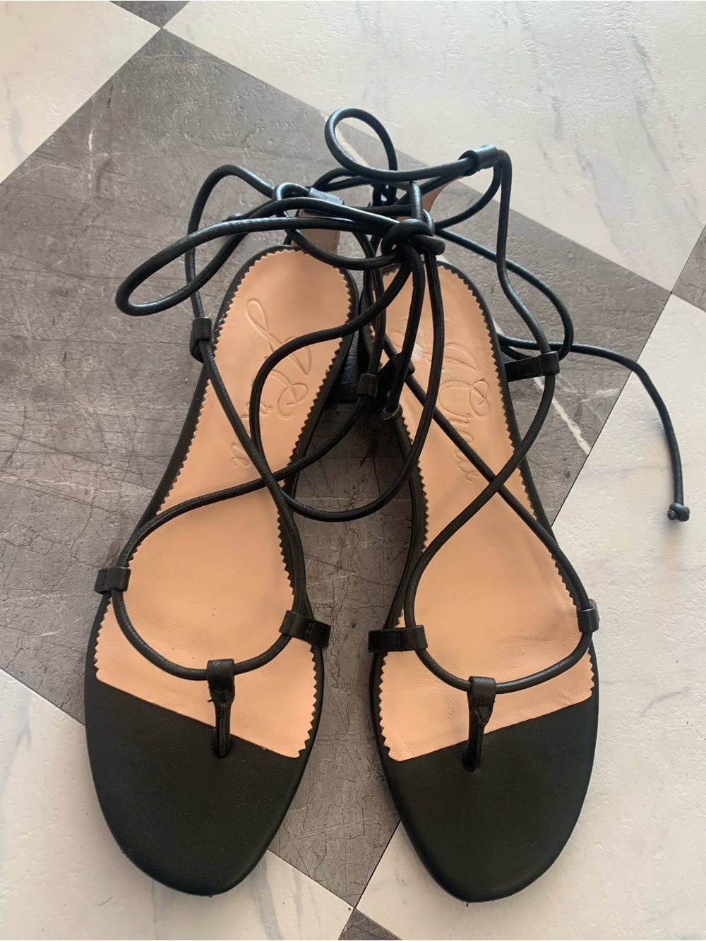 J. Crew Black Lace-Up Toe-Loop Sandals with Tan Insole